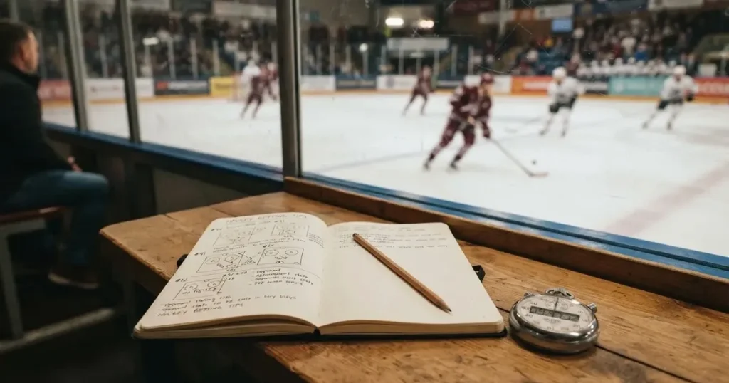 An open notebook with a pencil and a stopwatch on a wooden table