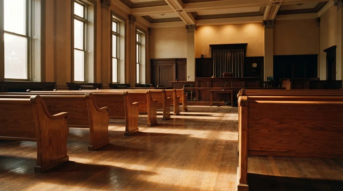 An empty courtroom with wooden benches in morning light