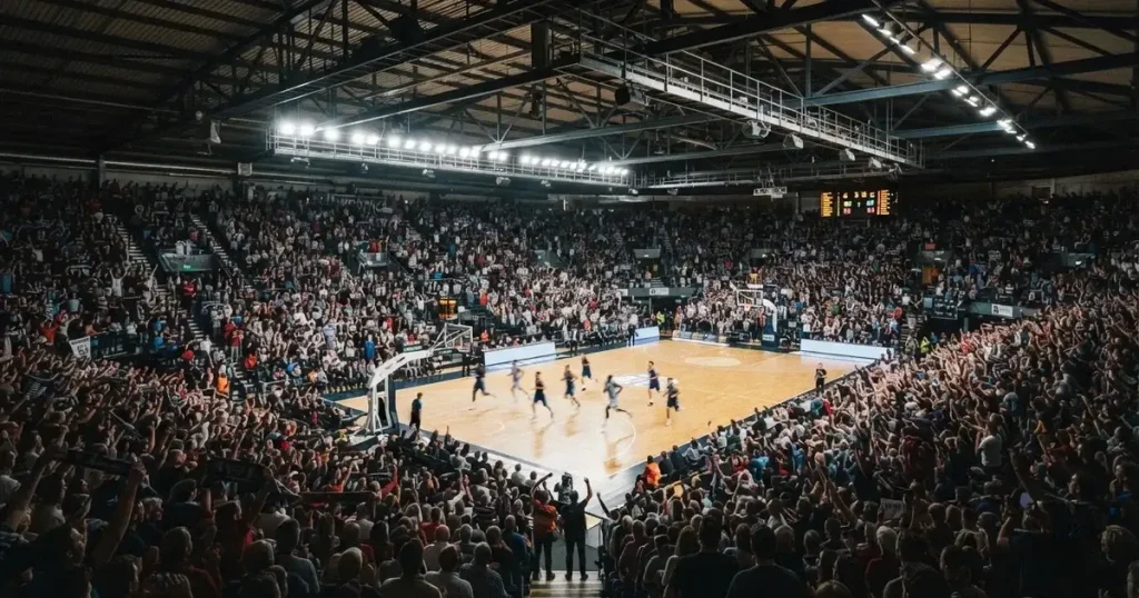 A packed sports hall under floodlights photographed from a long way off