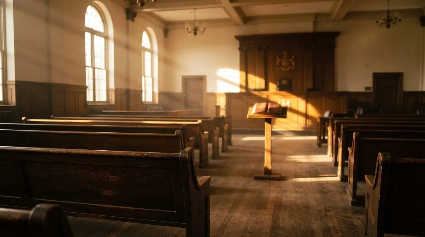 An empty courtroom with wooden benches in morning light
