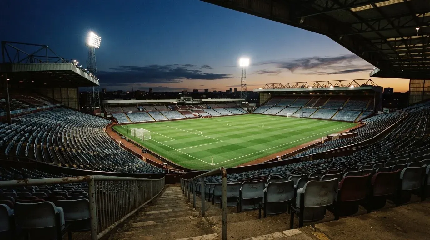 An empty football stadium with floodlight masts at dusk