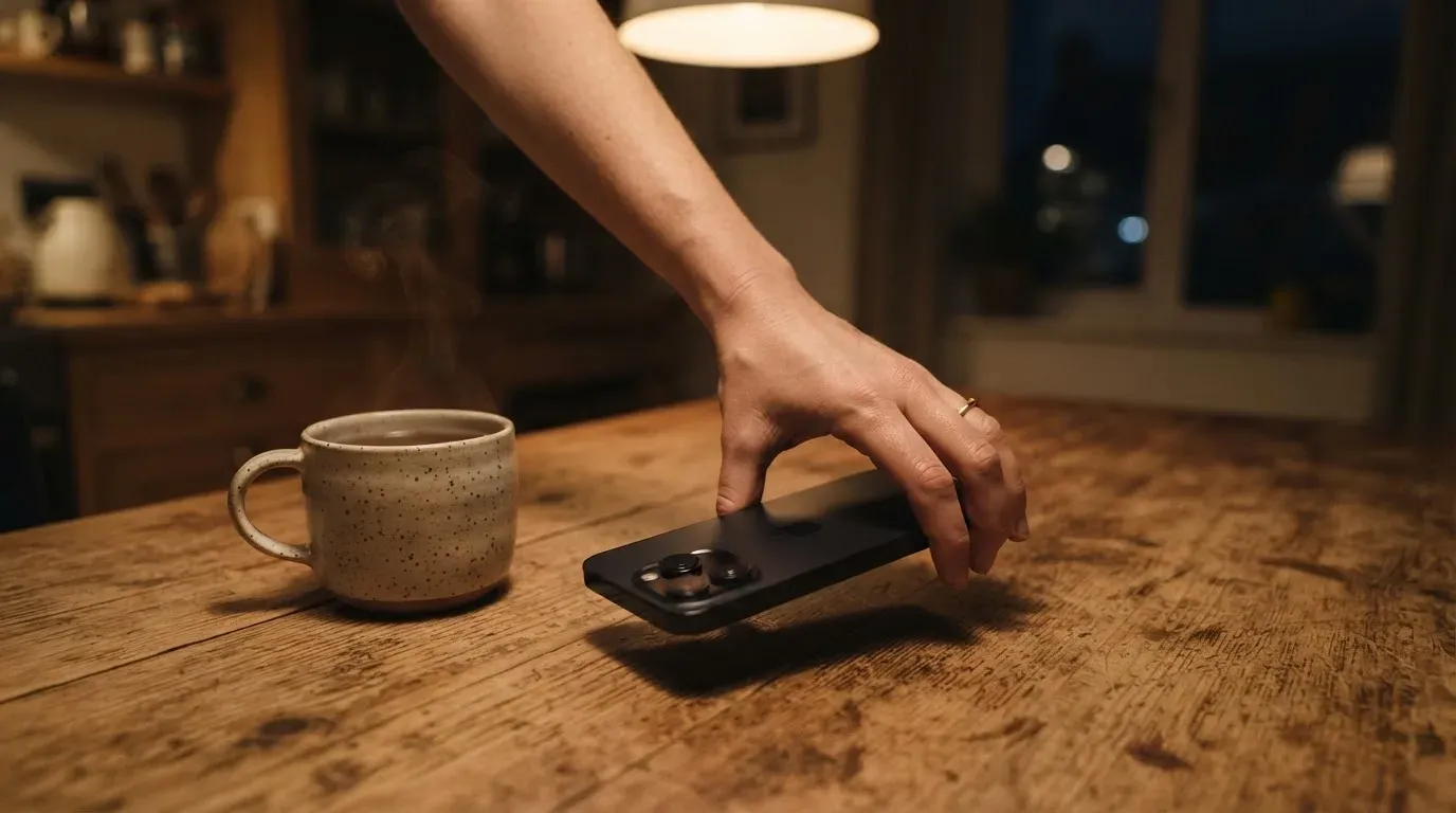 A hand setting a smartphone down beside a cup of tea on a kitchen table on a quiet evening