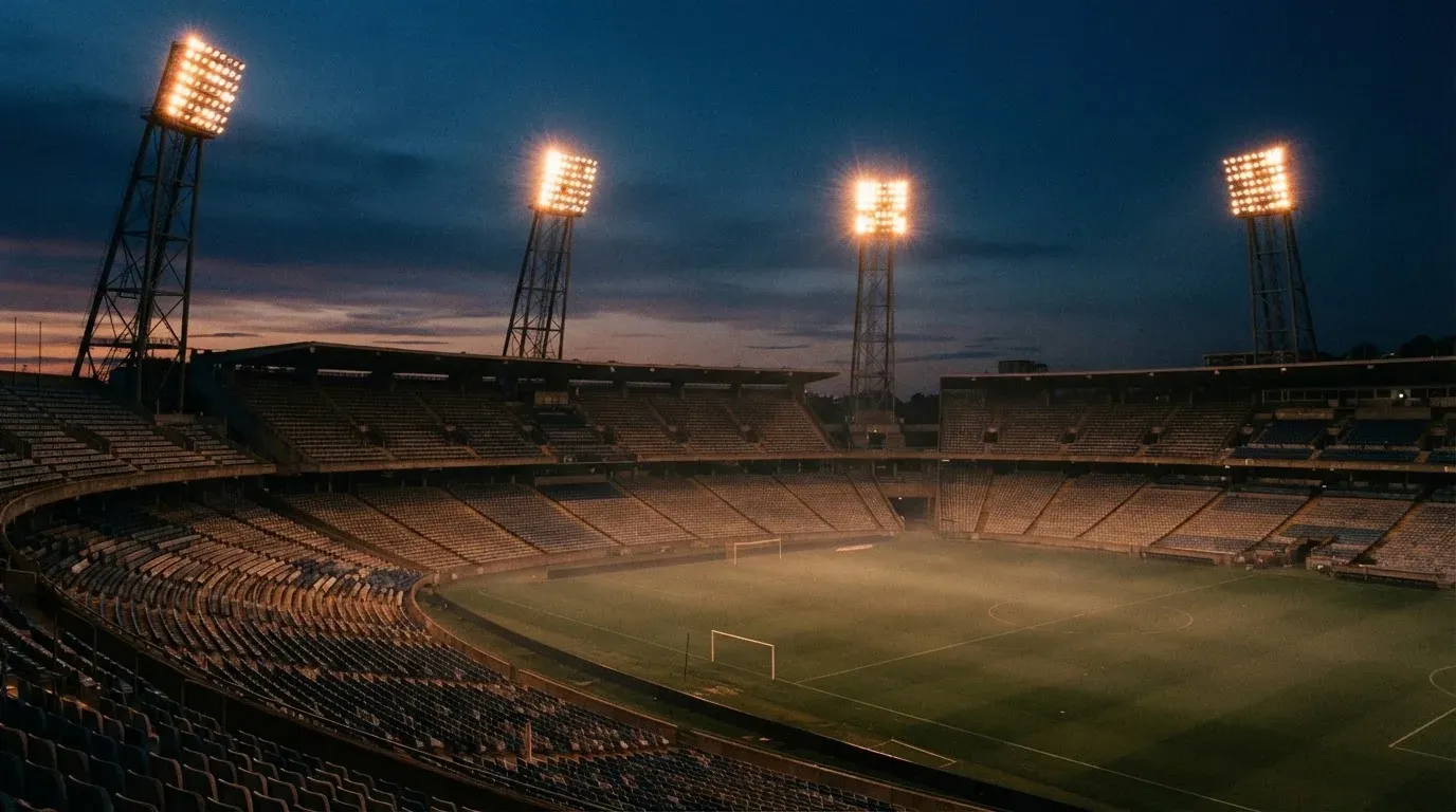 An empty football stadium with floodlight masts at dusk
