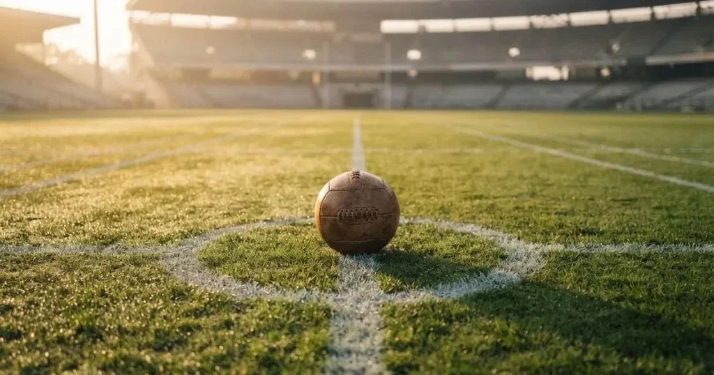 A ball on the centre spot of a grass pitch in morning light