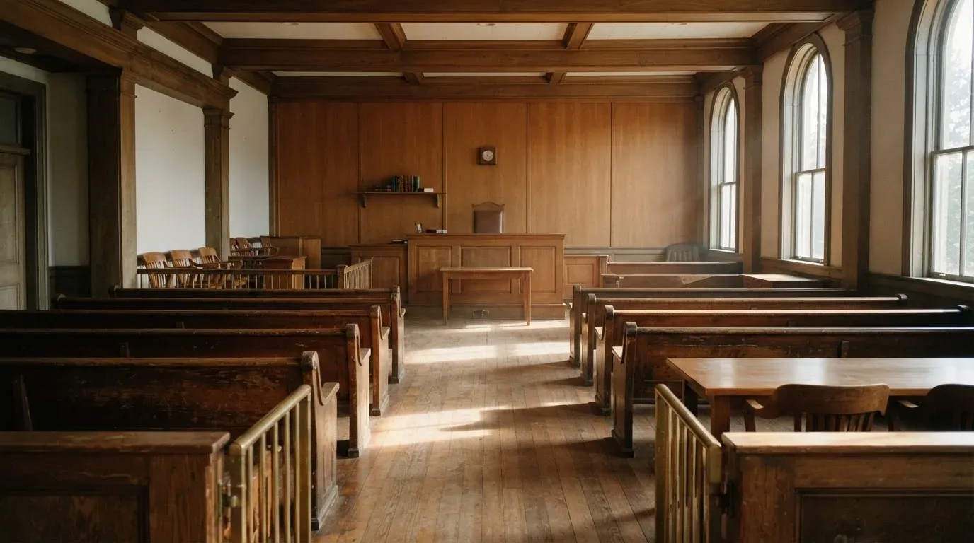 An empty courtroom with wooden benches in morning light