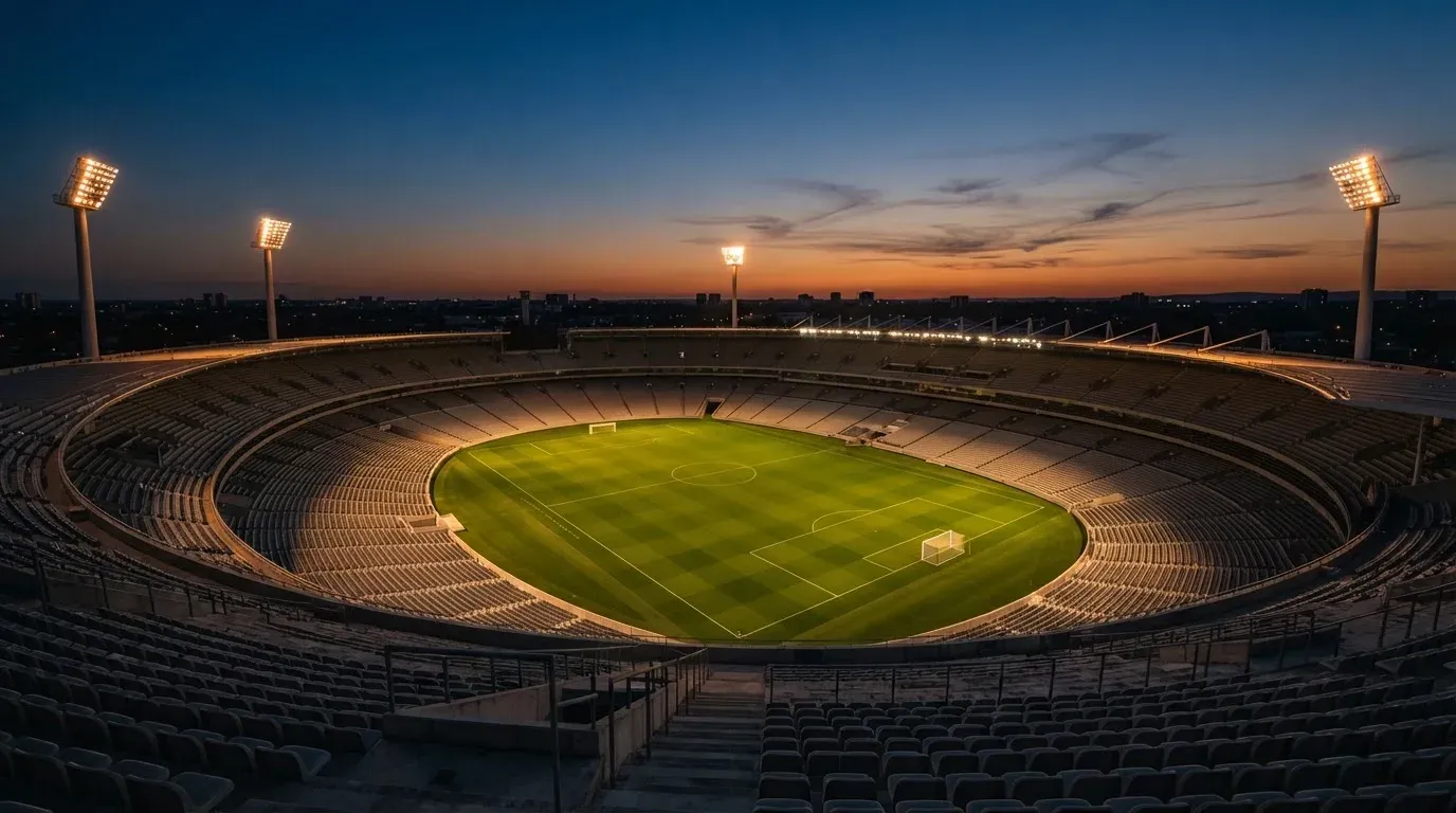 An empty football stadium with floodlight masts at dusk