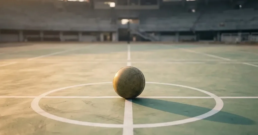 A ball on the centre spot of a grass pitch in morning light