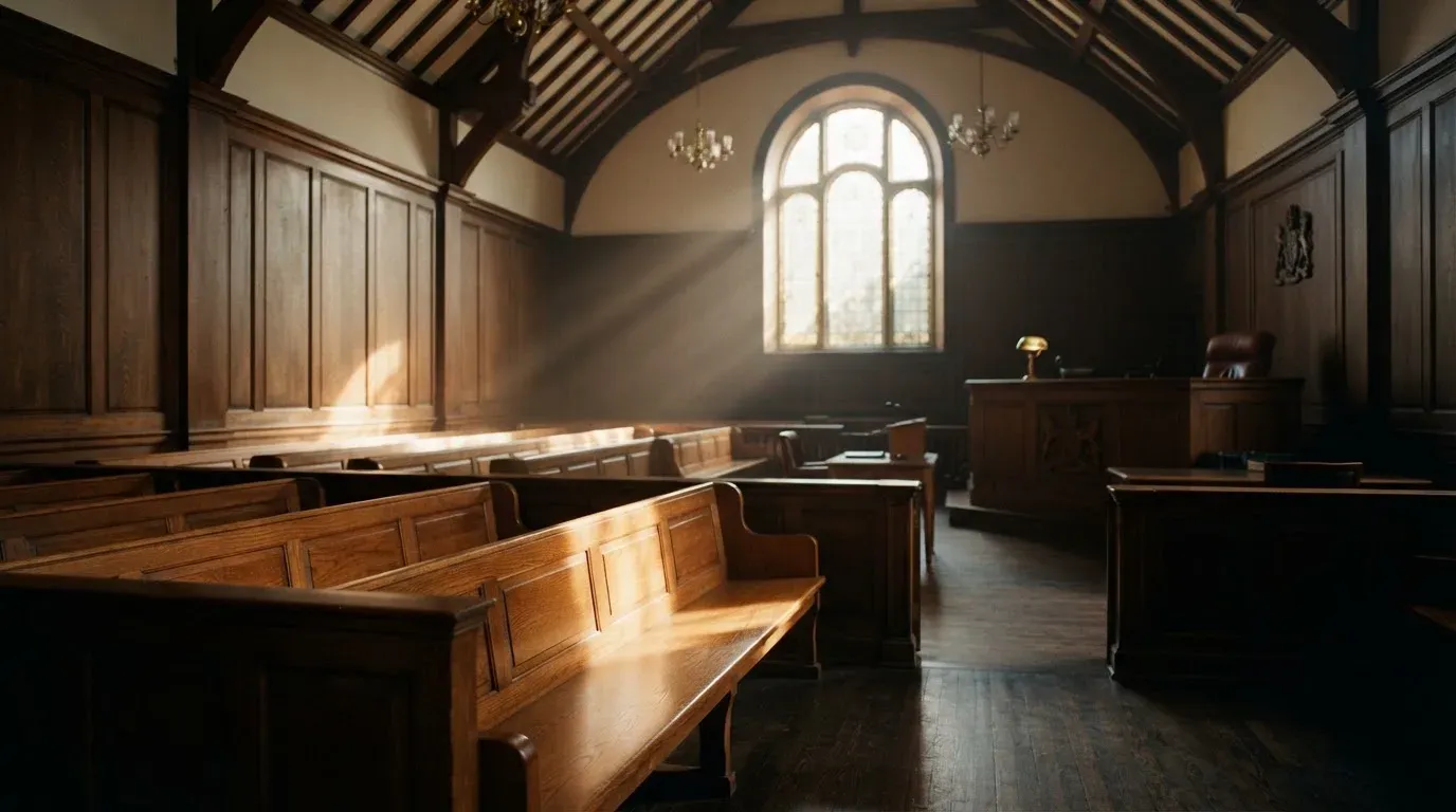 An empty courtroom with wooden benches in morning light
