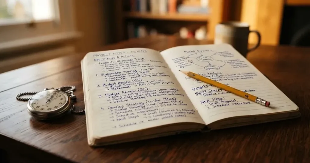 An open notebook with a pencil and a stopwatch on a wooden table