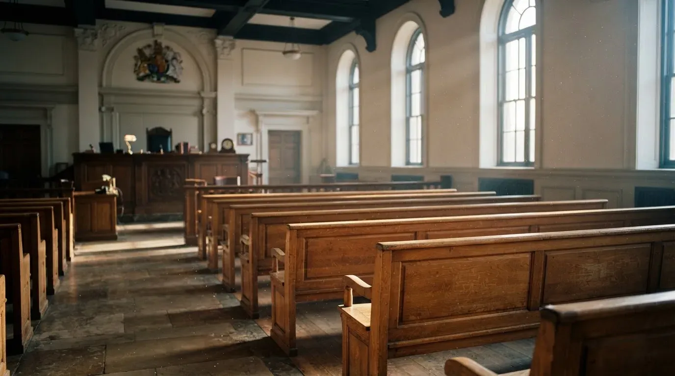 An empty courtroom with wooden benches in morning light