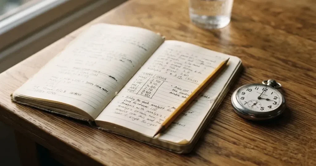 An open notebook with a pencil and a stopwatch on a wooden table