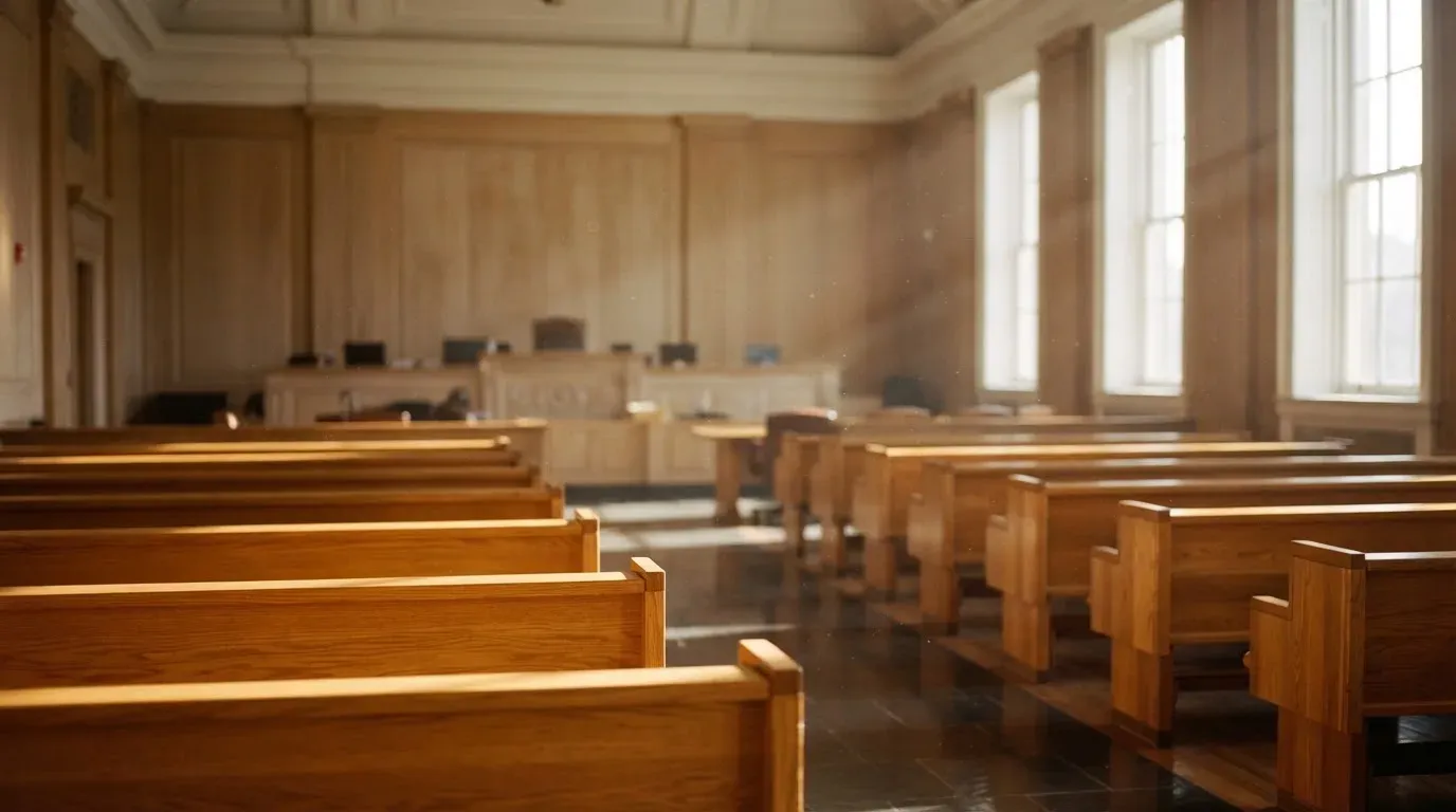 An empty courtroom with wooden benches in morning light