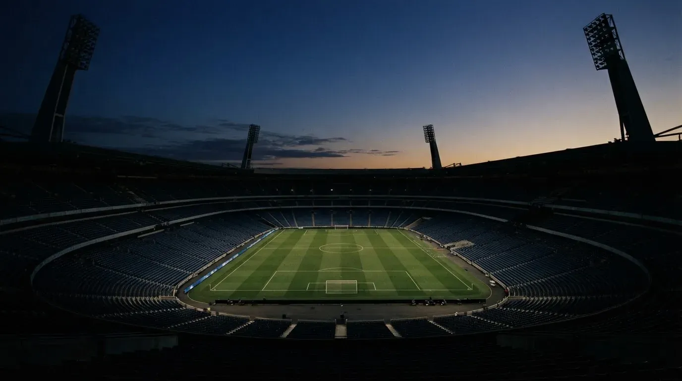 An empty football stadium with floodlight masts at dusk