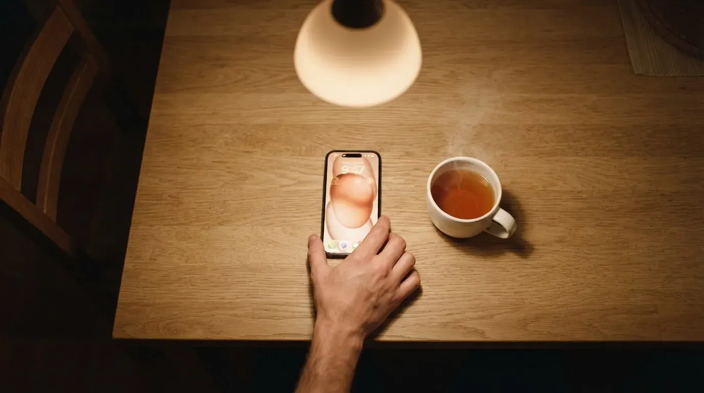 A hand setting a smartphone down beside a cup of tea on a kitchen table on a quiet evening