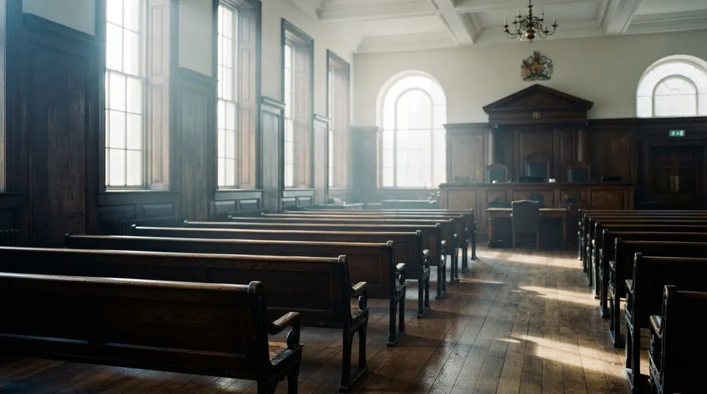 An empty courtroom with wooden benches in morning light