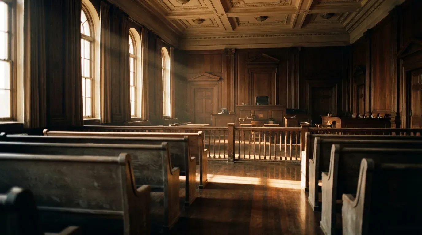 An empty courtroom with wooden benches in morning light