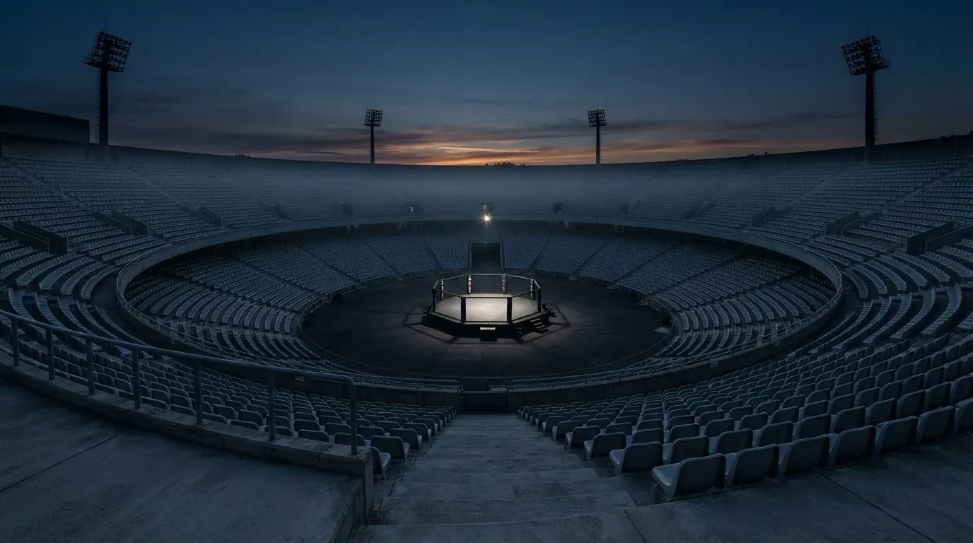 An empty football stadium with floodlight masts at dusk