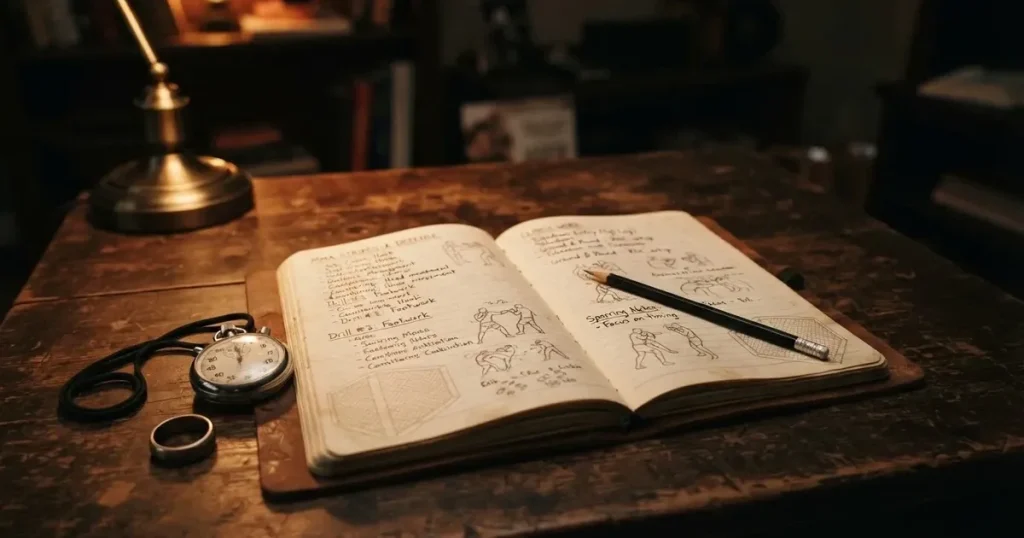 An open notebook with a pencil and a stopwatch on a wooden table