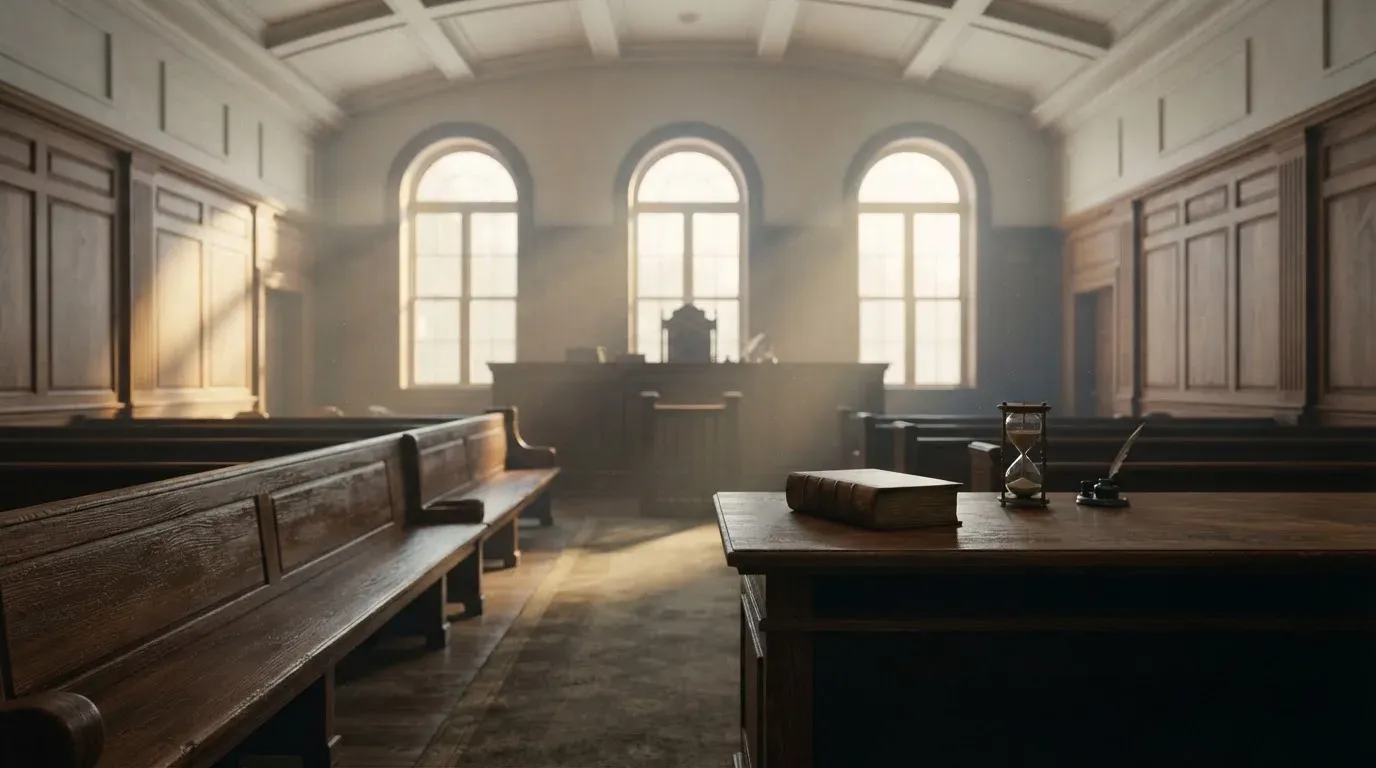 An empty courtroom with wooden benches in morning light