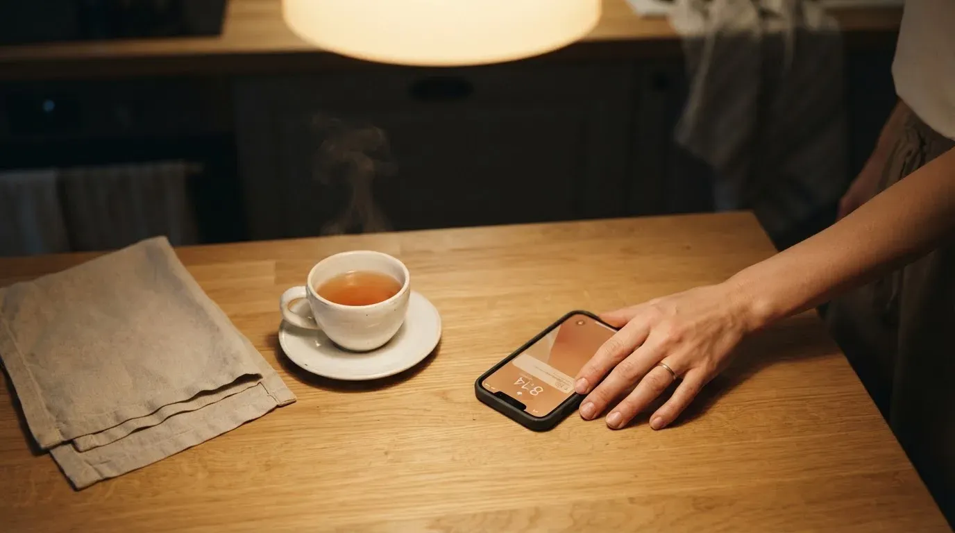 A hand setting a smartphone down beside a cup of tea on a kitchen table on a quiet evening