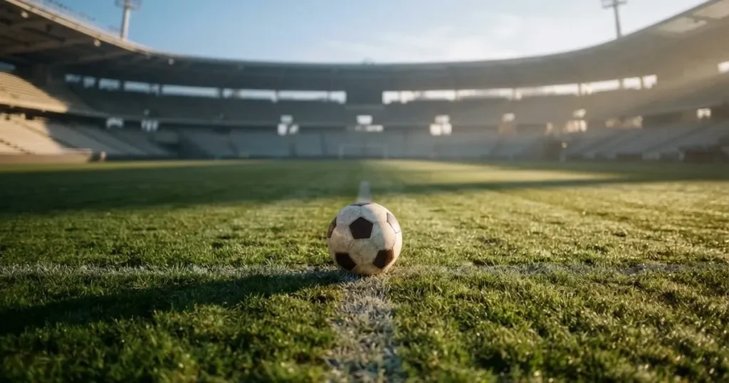 A ball on the centre spot of a grass pitch in morning light