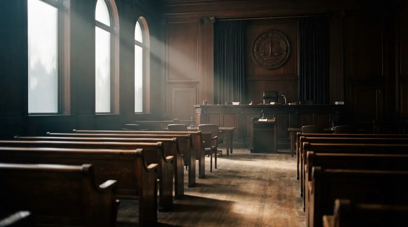 An empty courtroom with wooden benches in morning light