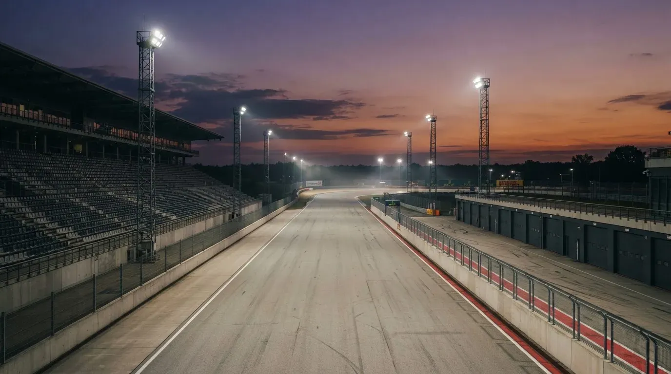 An empty football stadium with floodlight masts at dusk