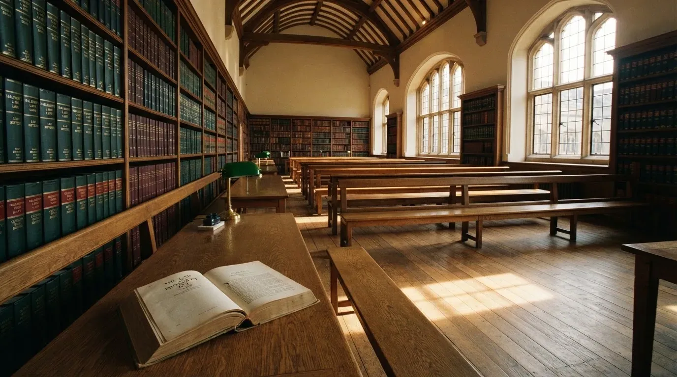 An empty courtroom with wooden benches in morning light