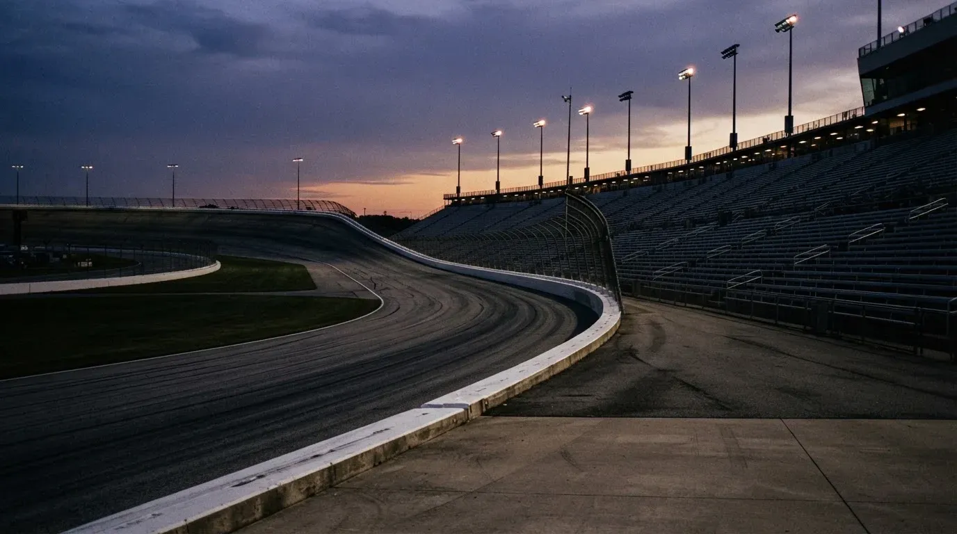 An empty football stadium with floodlight masts at dusk