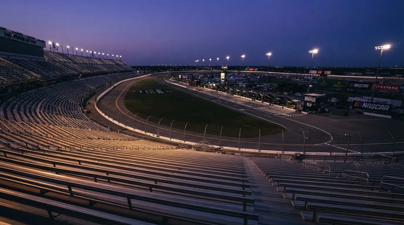An empty football stadium with floodlight masts at dusk