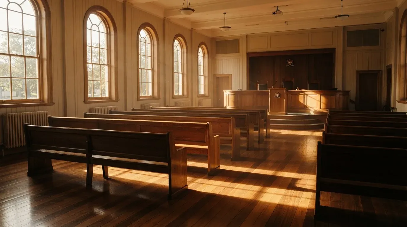 An empty courtroom with wooden benches in morning light