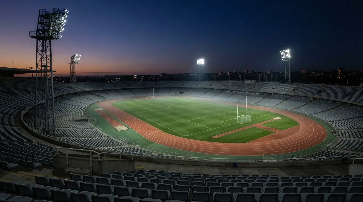 An empty football stadium with floodlight masts at dusk