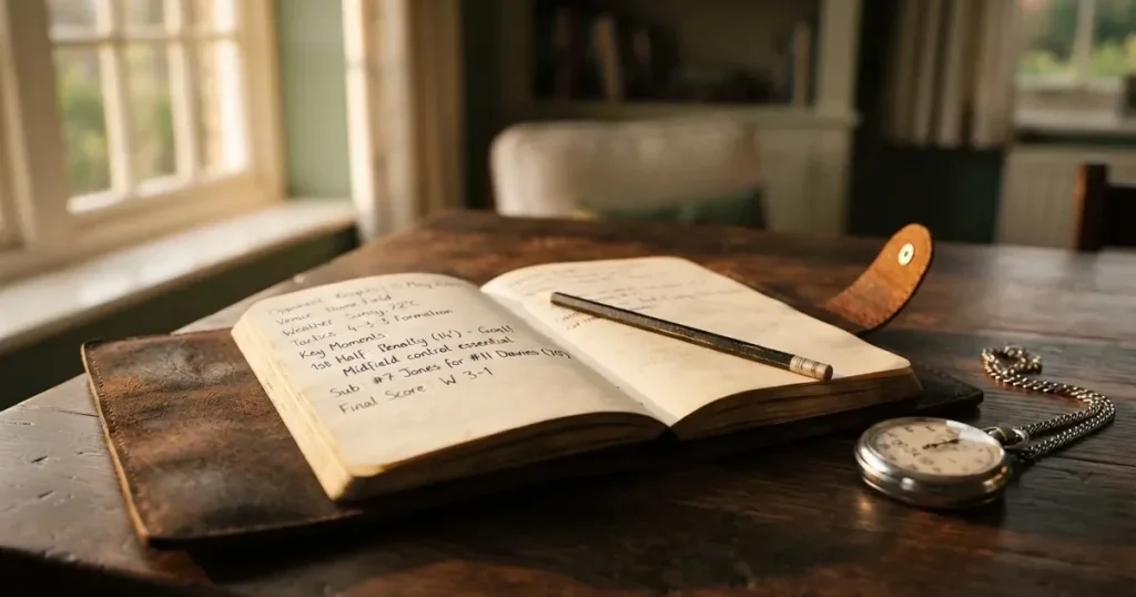 An open notebook with a pencil and a stopwatch on a wooden table