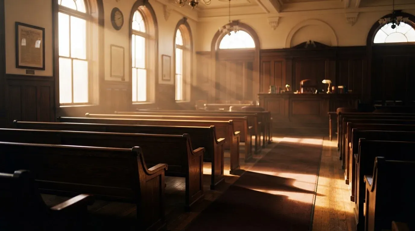 An empty courtroom with wooden benches in morning light