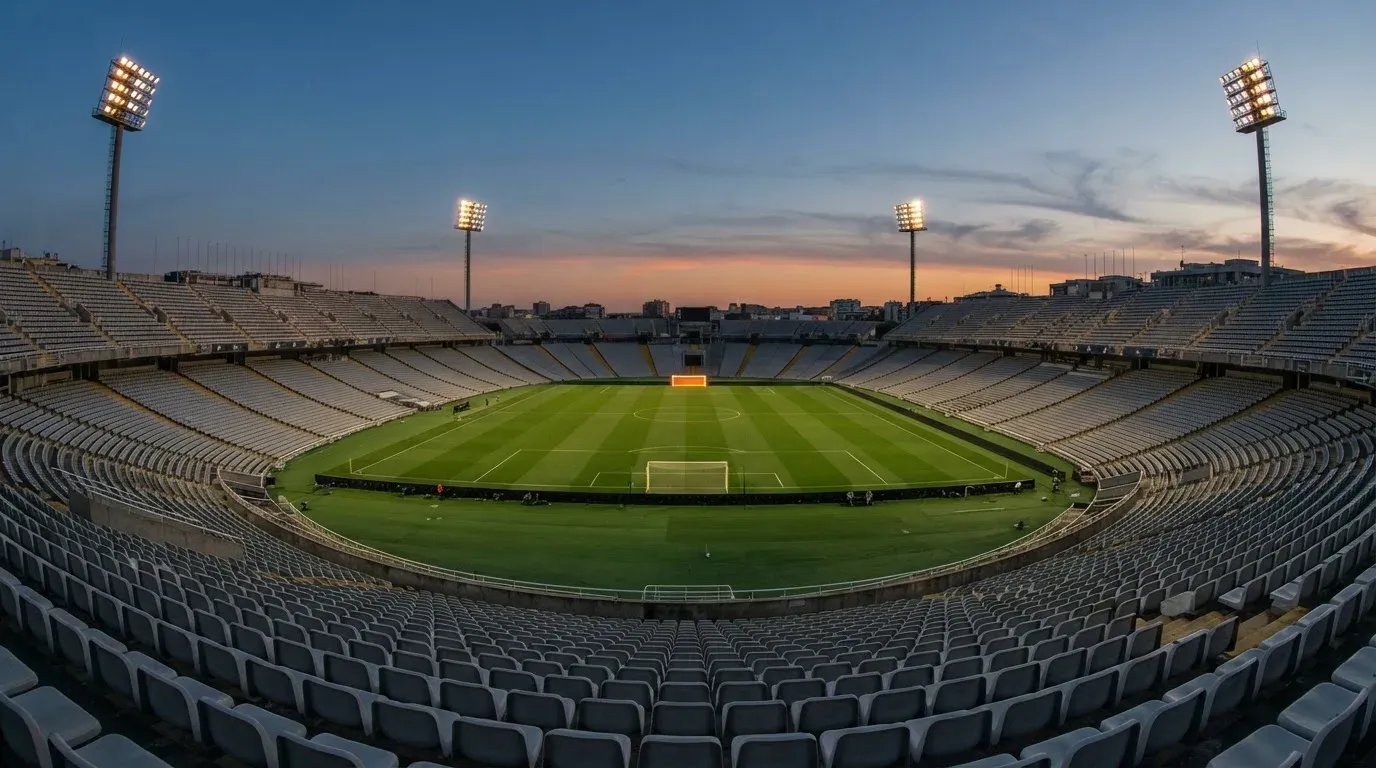 An empty football stadium with floodlight masts at dusk