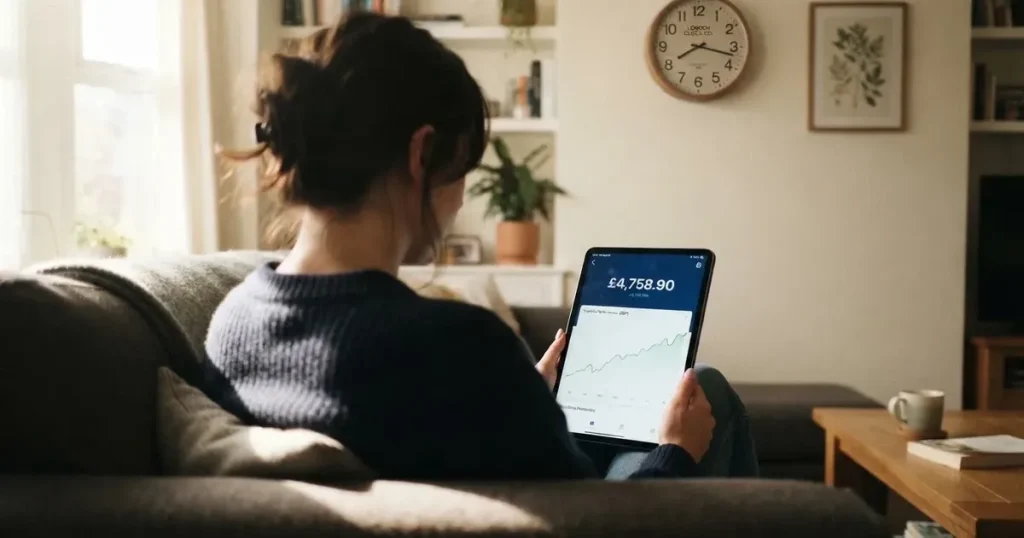 A person on a sofa looking thoughtfully at a tablet, a wall clock in the background