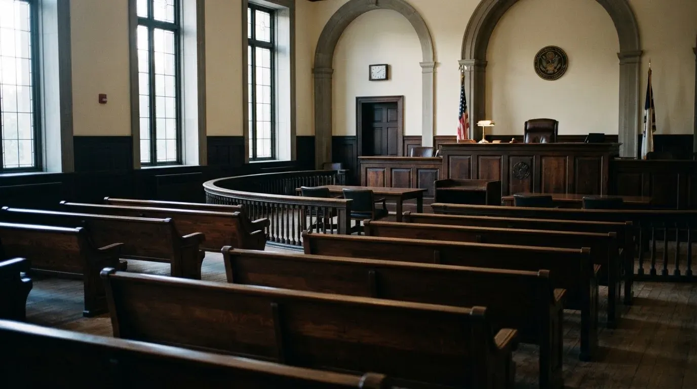 An empty courtroom with wooden benches in morning light