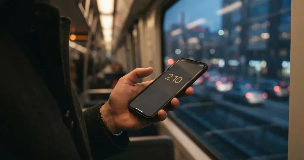 A hand holding a smartphone on a train in the evening, screen turned away