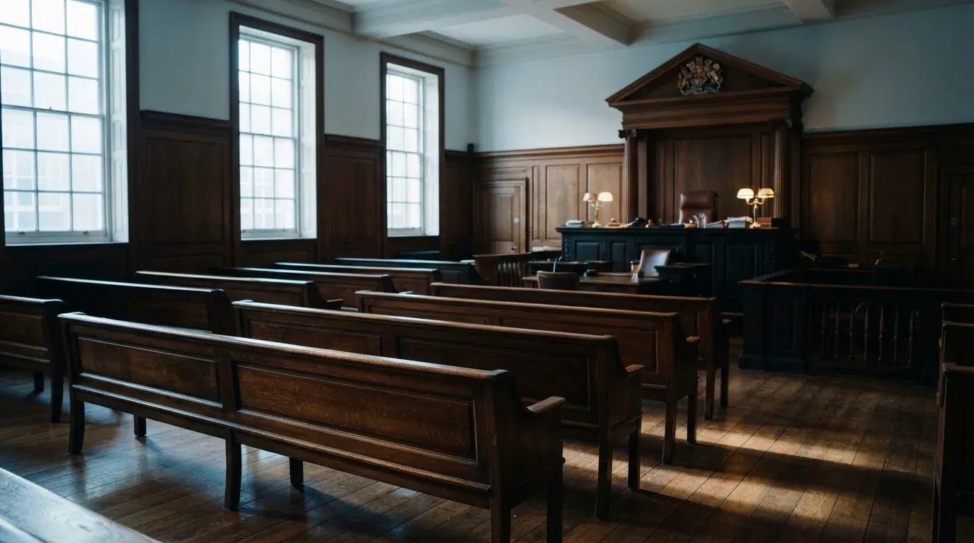 An empty courtroom with wooden benches in morning light