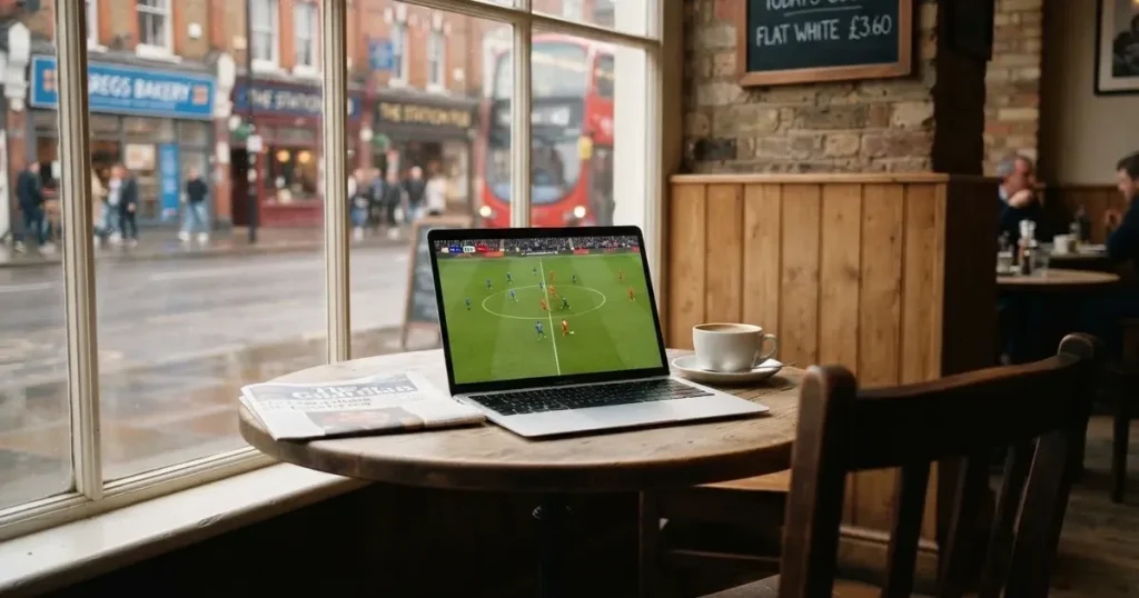 A laptop on a café table by a window onto the street