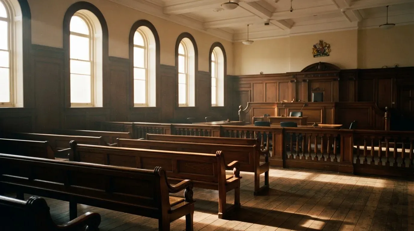 An empty courtroom with wooden benches in morning light