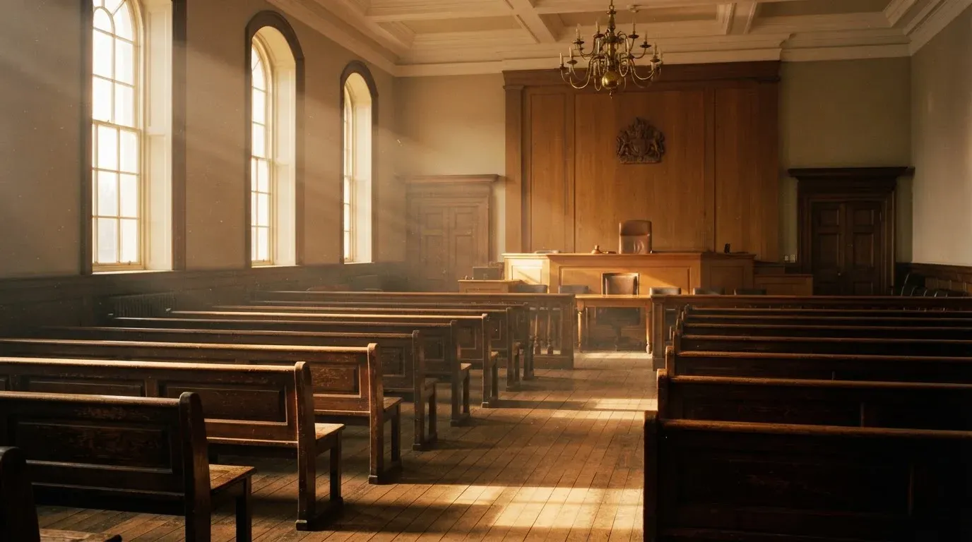 An empty courtroom with wooden benches in morning light