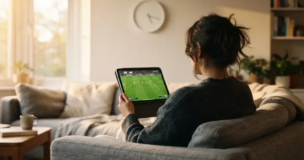 A person on a sofa looking thoughtfully at a tablet, a wall clock in the background