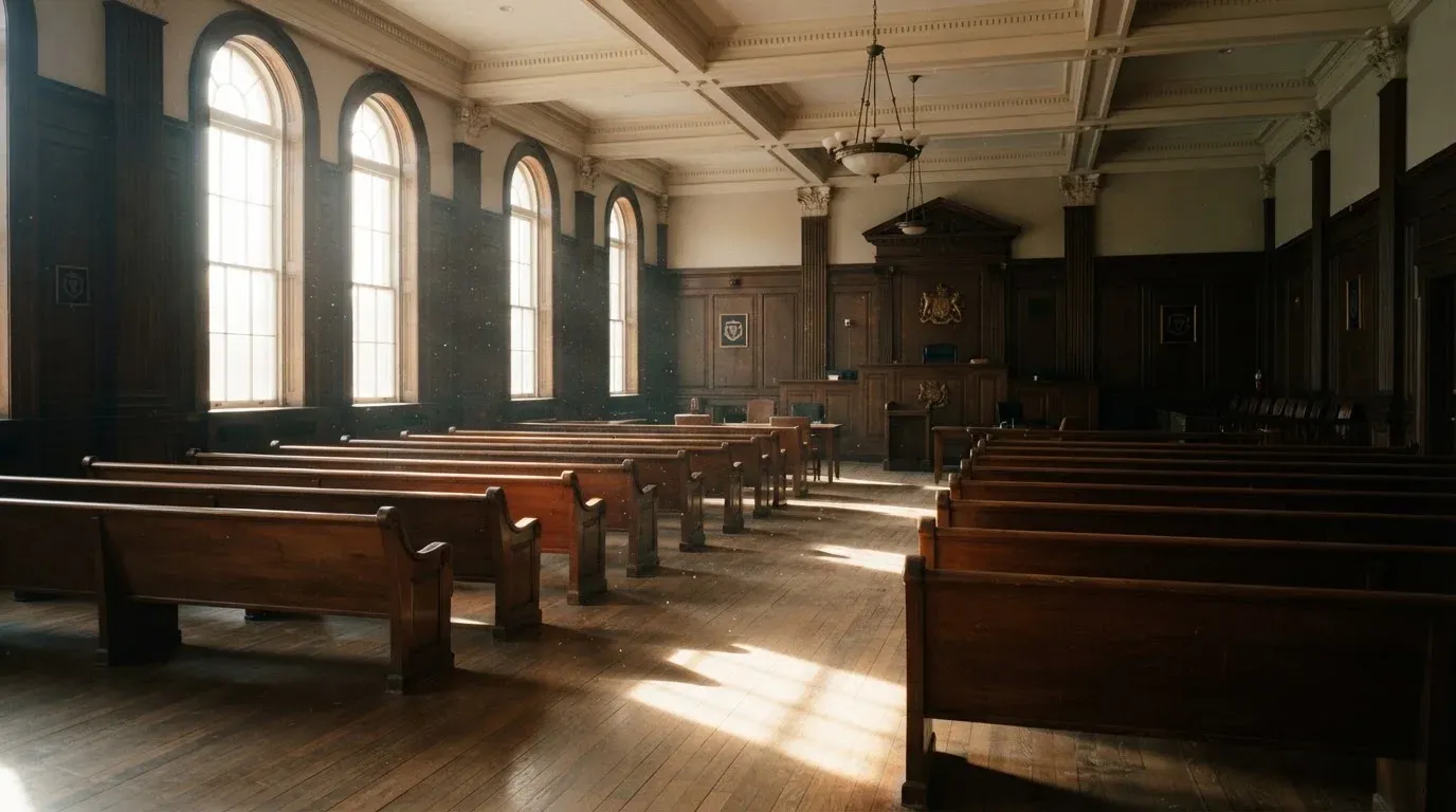 An empty courtroom with wooden benches in morning light