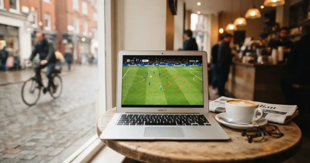 A laptop on a café table by a window onto the street