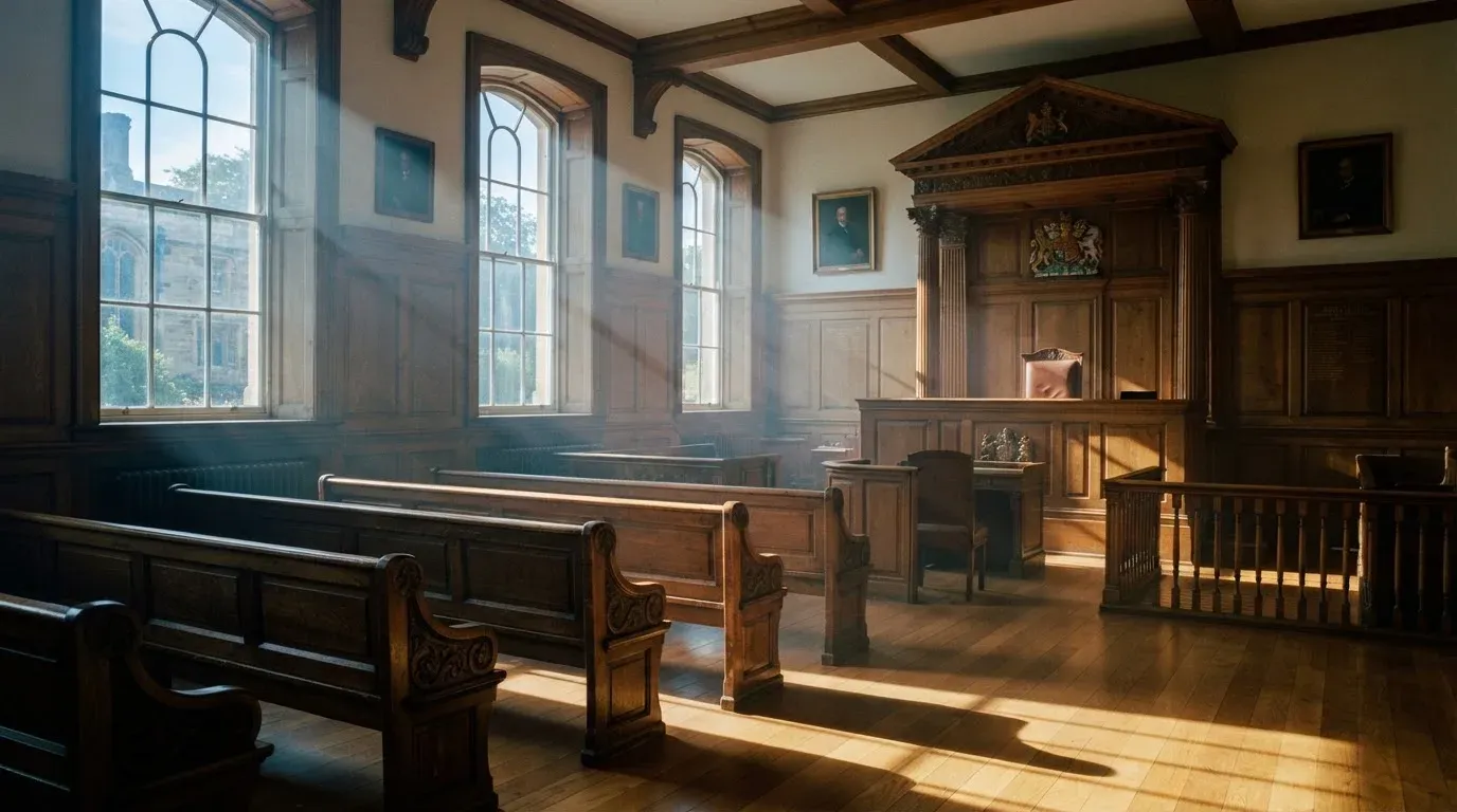 An empty courtroom with wooden benches in morning light