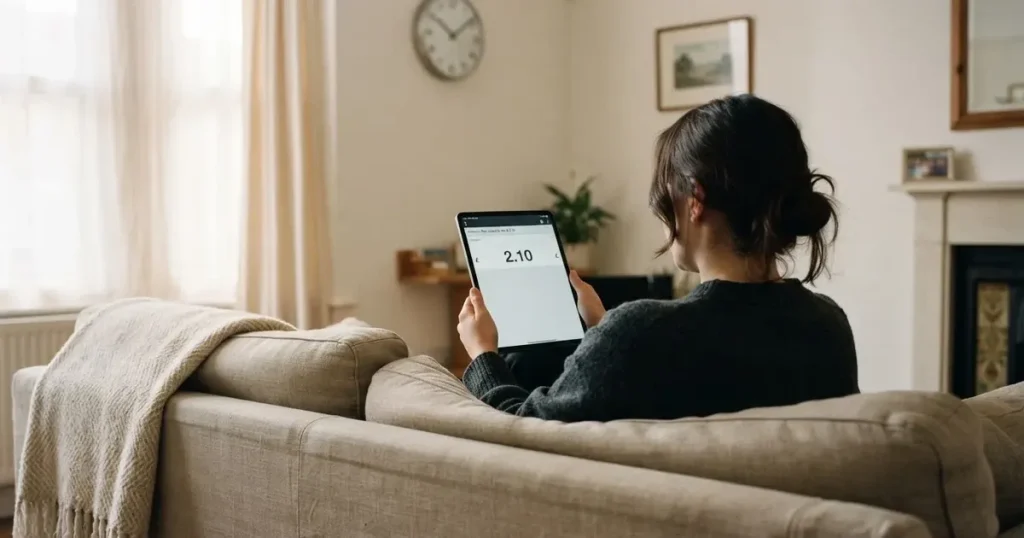 A person on a sofa looking thoughtfully at a tablet, a wall clock in the background