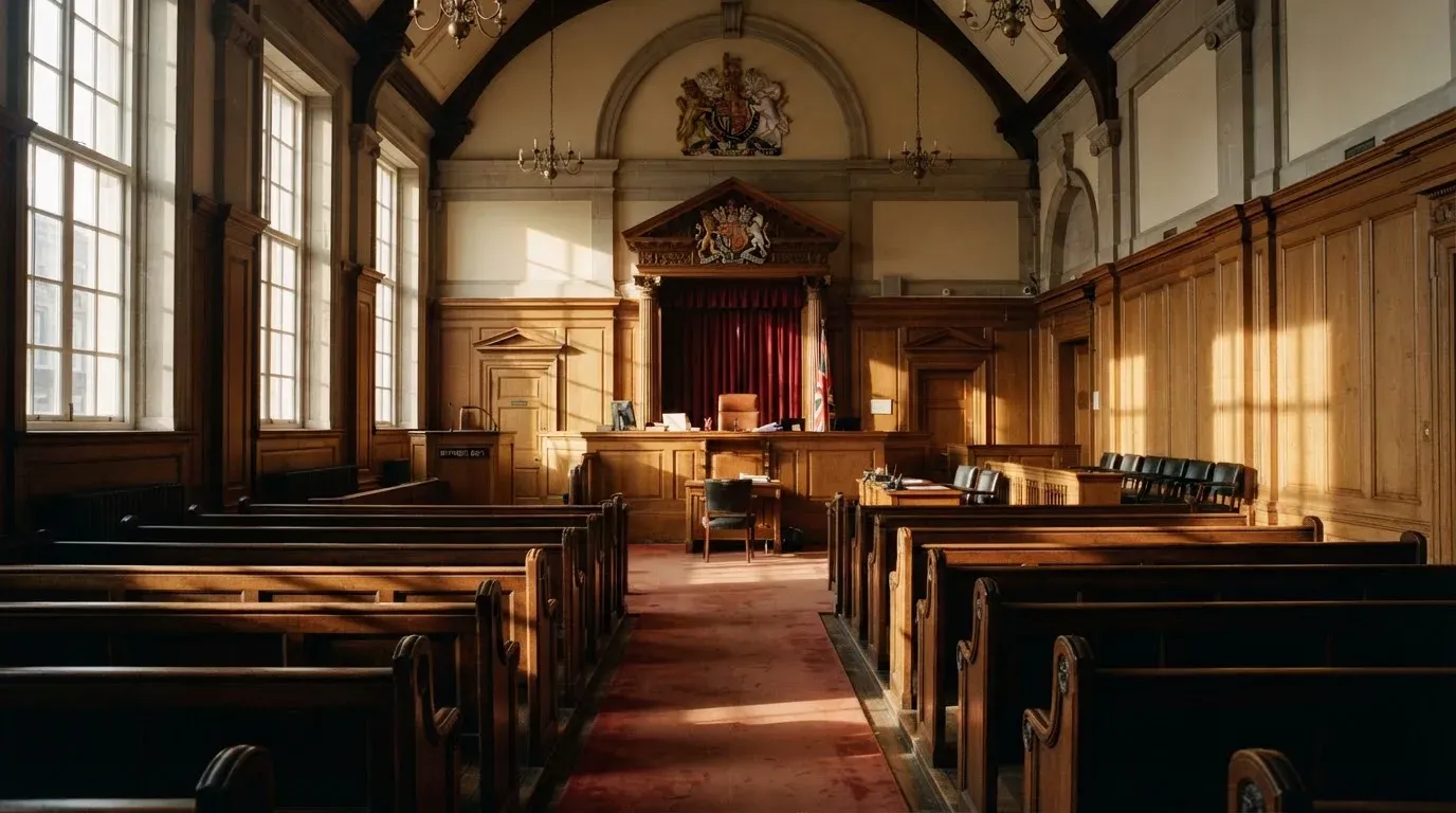 An empty courtroom with wooden benches in morning light
