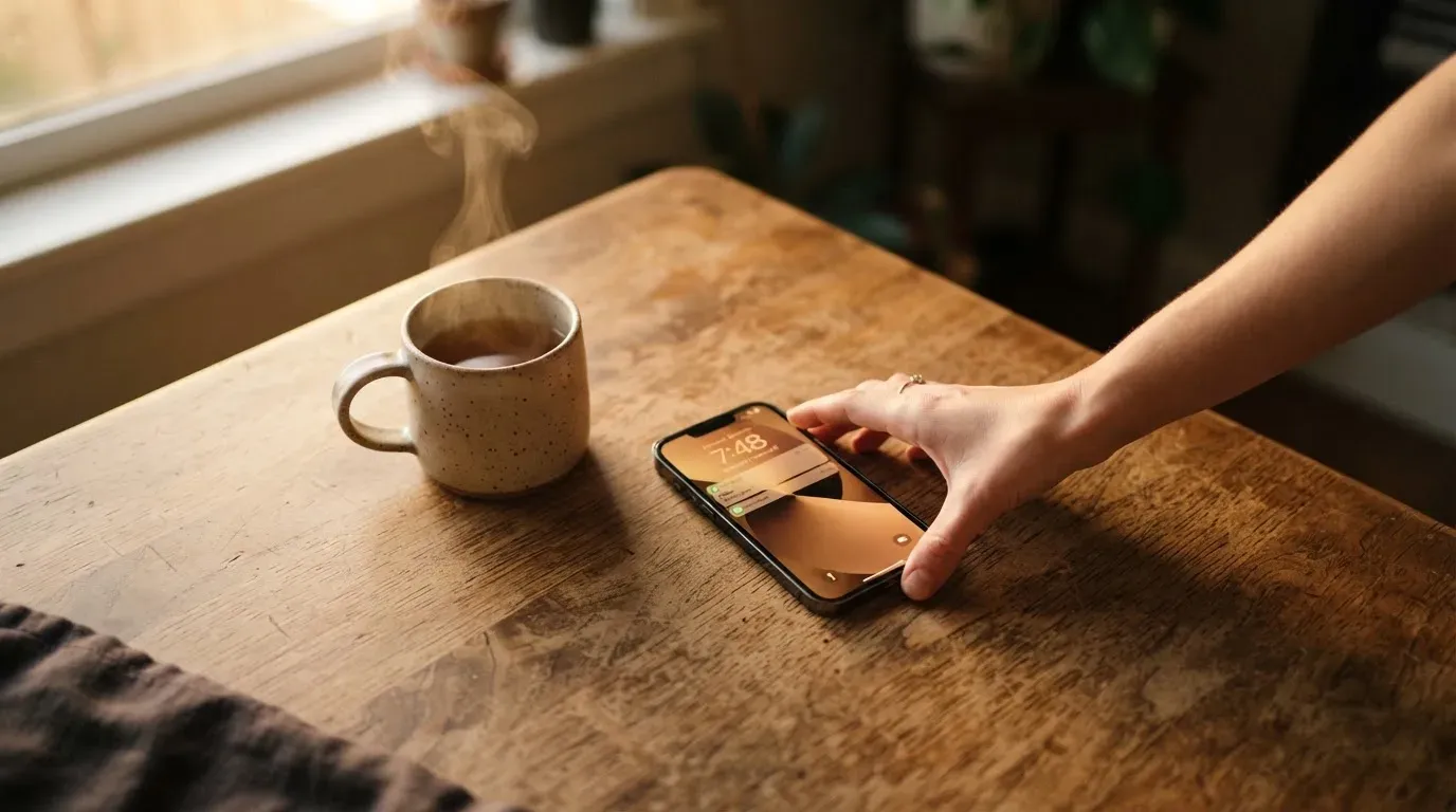 A hand setting a smartphone down beside a cup of tea on a kitchen table on a quiet evening