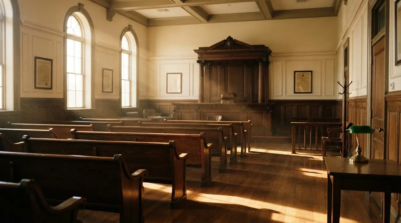 An empty courtroom with wooden benches in morning light